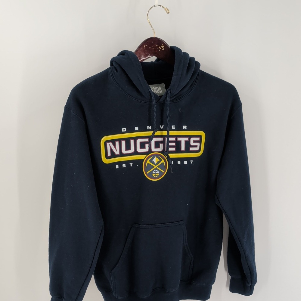 Vtg Denver Nuggets Basketball NBA Mens Navy Blue Spellout Pullover Hoodie Size S - Picture 2 of 7